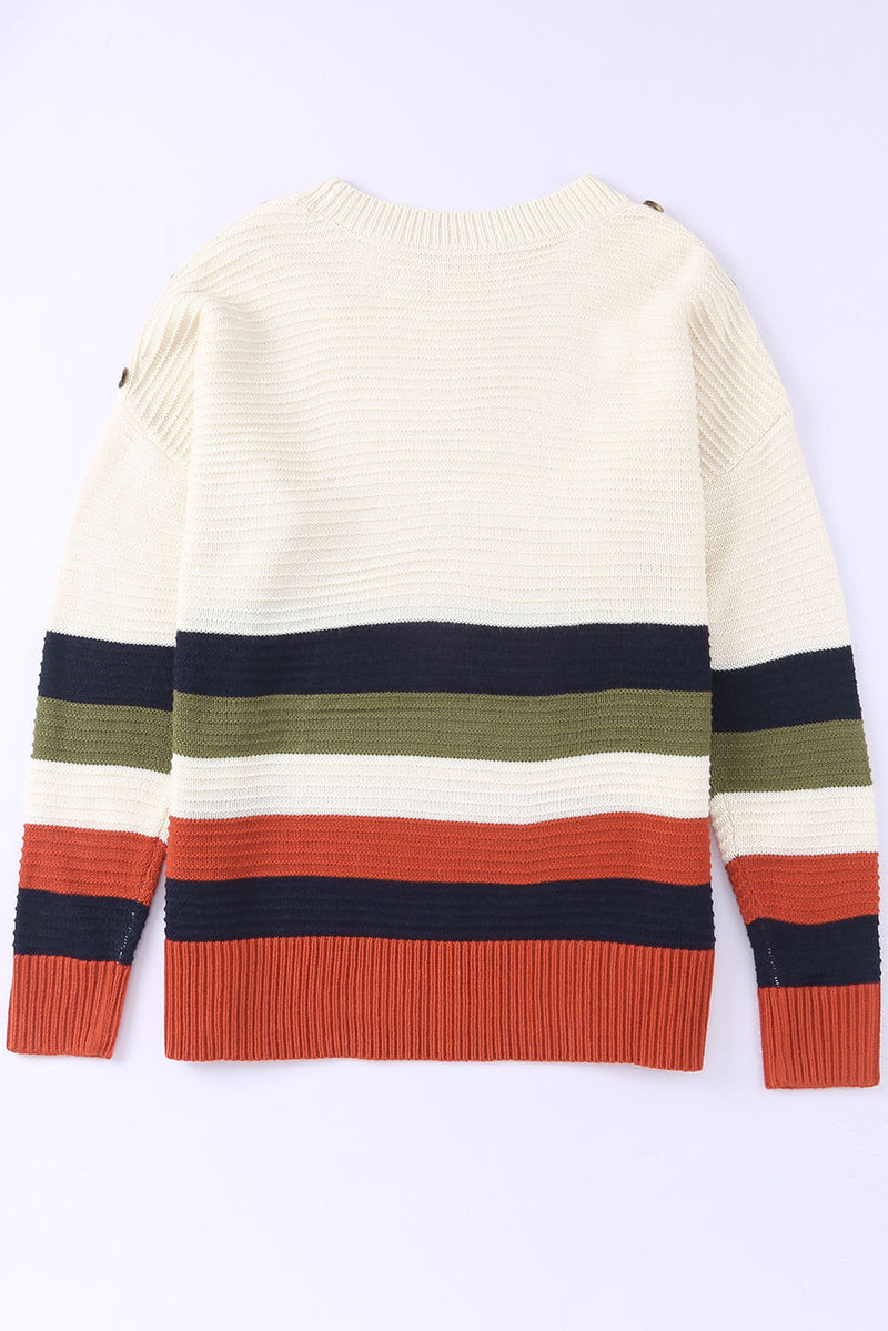 Colorblock Striped Button Drop Shoulder Pullover Sweater