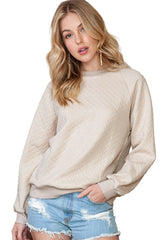 Beige Solid Color Textured Raglan Sleeve Pullover Sweatshirt