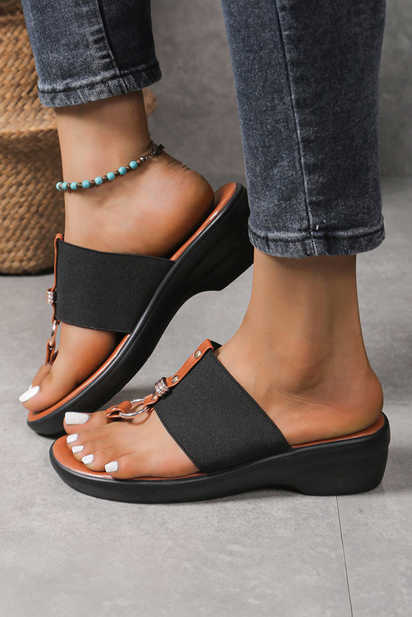 Black Wide Band Clip Toe PU Leather Wedge Slides Shoes