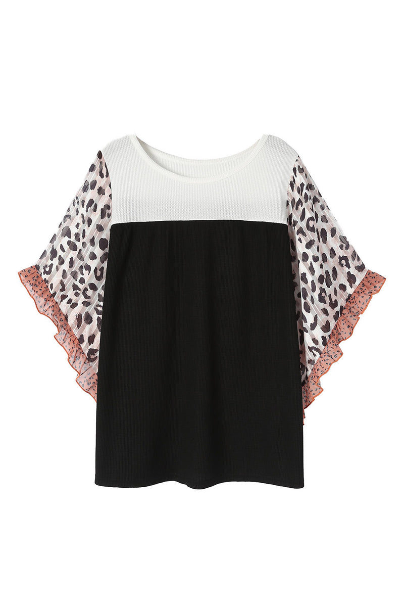 Black Rib Knit Animal Print Ruffle Sleeves Plus Size Top