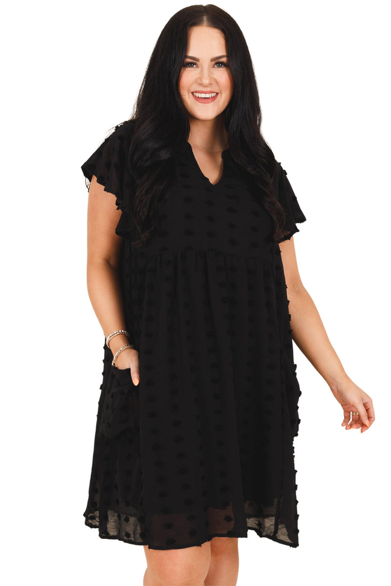 Black Dotty Textured Notched Neck Ruffle Plus Size Dress