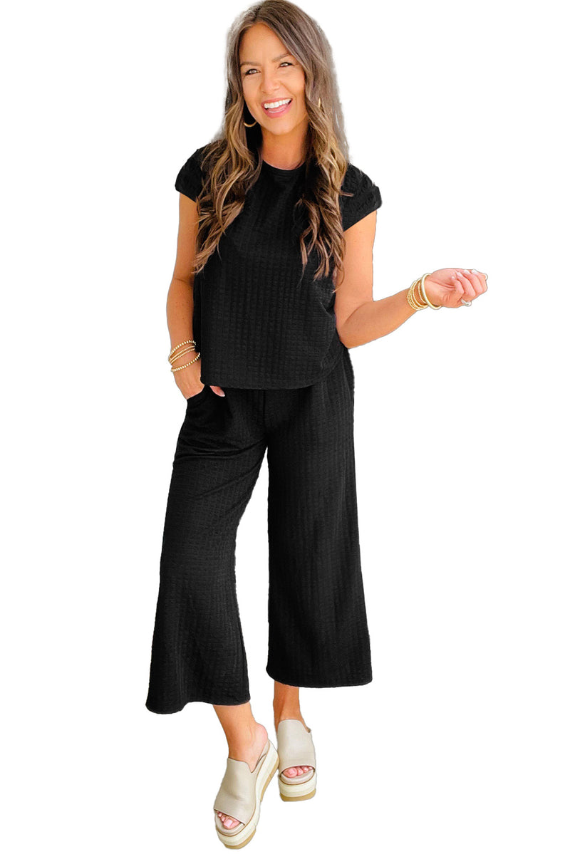 Black Textured Cap Sleeve Top and Wide Leg Pants Set