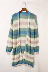 Black Striped Color Block Casual Hollow Cable Knit Cardigan