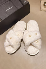 White Pearl Decor Criss Cross Plush Slippers