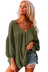 Green Solid Color Gauze Casual V Neck Top for Women