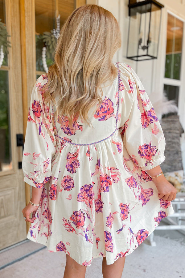 Pink Floral Print Balloon Sleeve V Neck Babydoll Mini Dress