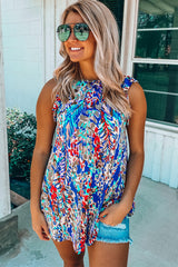 Rosy Boho Abstract Print Ruffle Babydoll Sleeveless Shirt