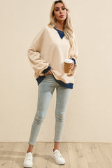 White Color Block Drop Shoulder Crewneck Oversized Sweatshirt