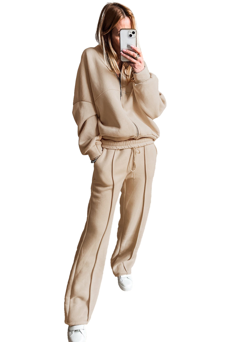 Apricot Seamed Zipper Jacket and Drawstring Waist Pants Set