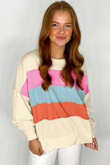 White Colorblock Patchwork Drop Sleeve Sweatshirt