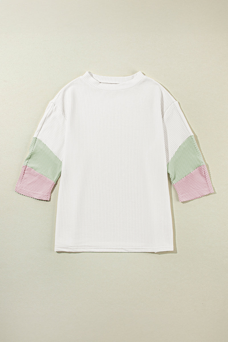 White Ribbed Colorblock Drop Sleeve Top