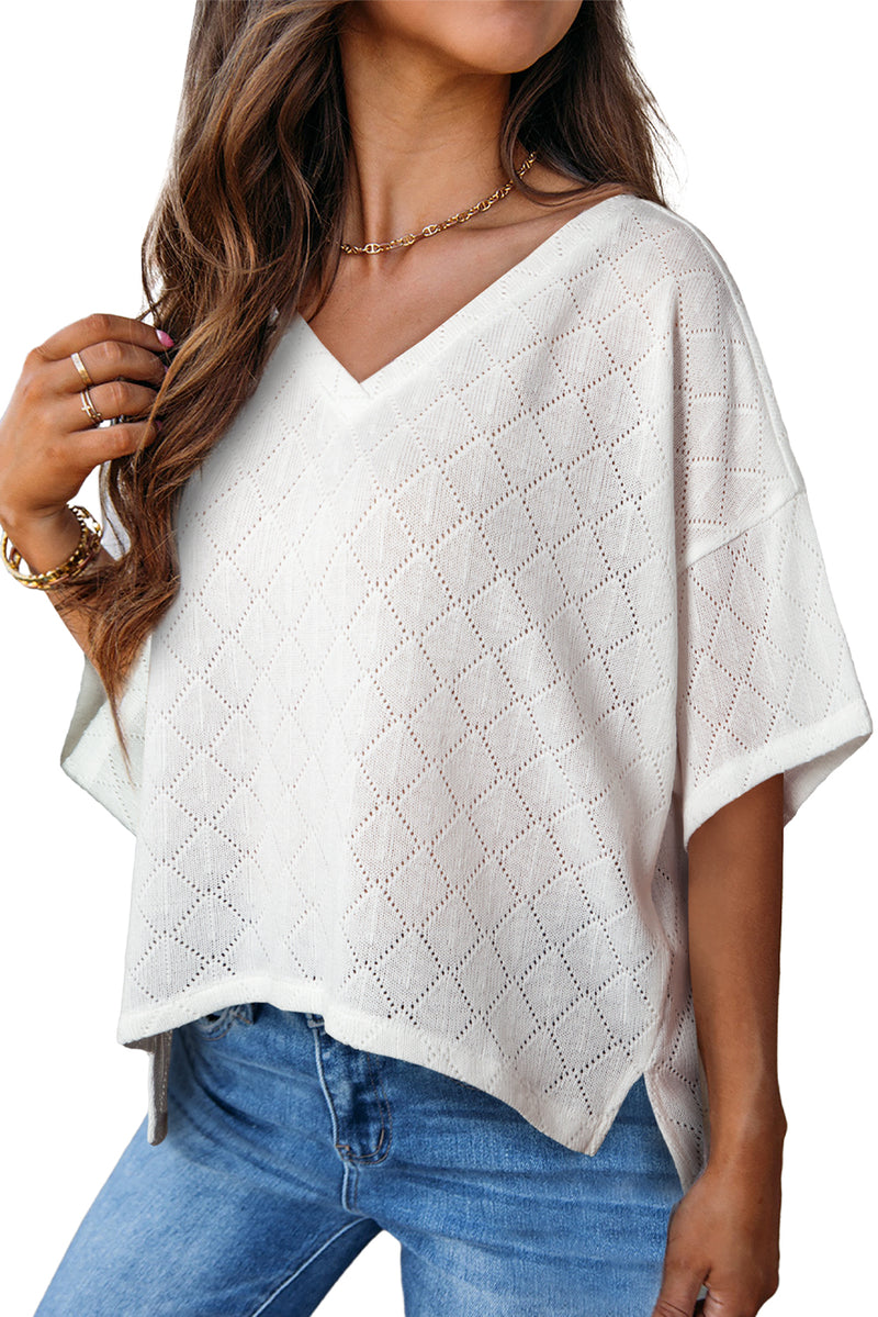 White V Neck Side Slits Knitted Flowy Oversized Blouse