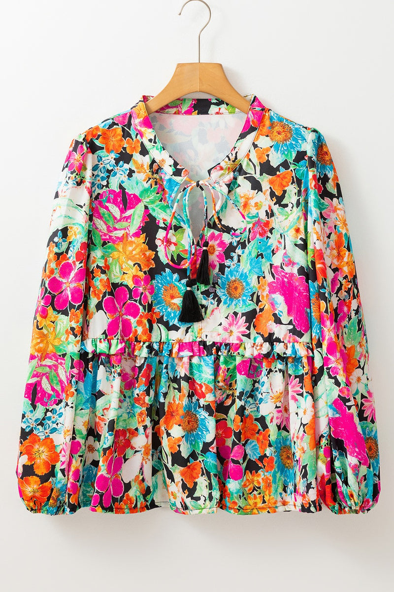 Floral Tie Neck Balloon Sleeve Blouse