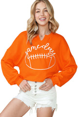 Orange Game Day Lettering Rugby Notched Neck Cropped Sweatshirt