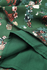 Floral Print Shirred Waist Ruffle Hem Green Bohemian Blouse for Women