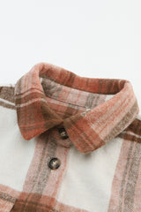 Brown Plaid Casual Button Up Flannel Long Shacket with Flap Pockets