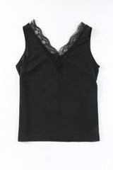 Black V Neck Lace Splicing Casual Open Back Sleeveless Shirt