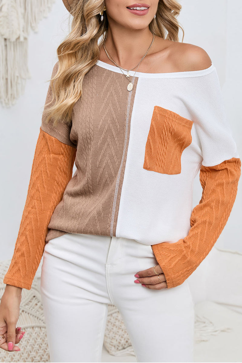 Black Long Sleeve Colorblock Chest Pocket Textured Knit Top