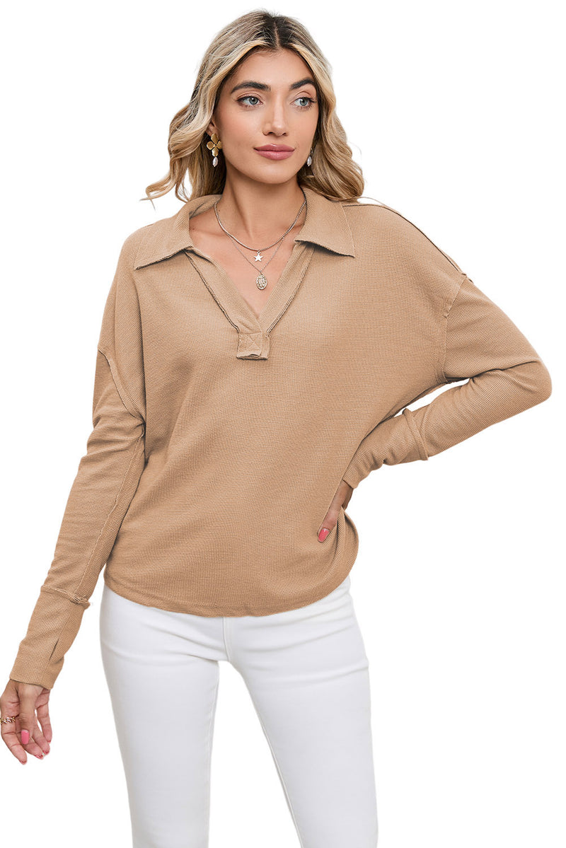 Brown V Neck Collared  Retro Waffle Long Sleeve Top