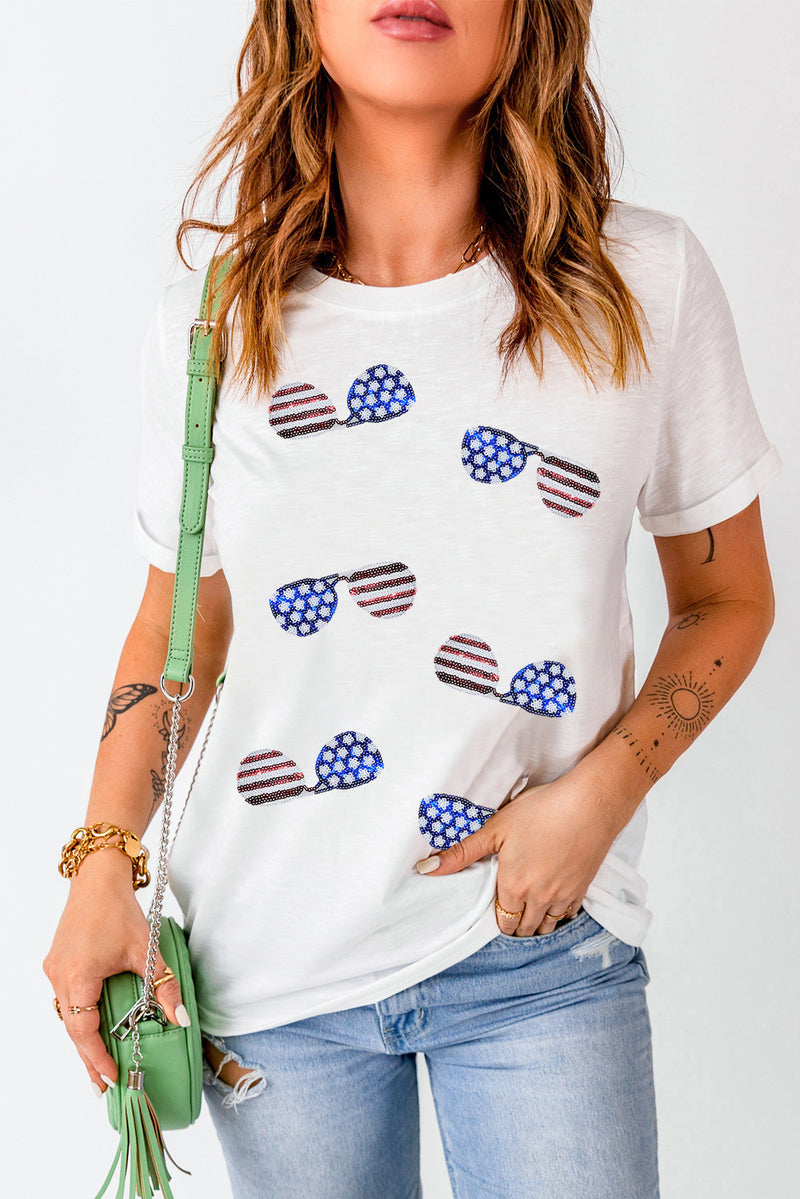 Wholesale White Flag Day Stripe Star Sunglasses Graphic Round Neck Tee