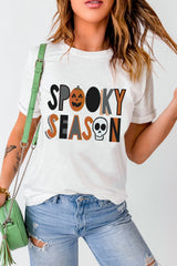 White Pumpkin Skull Floral SPOOKY SEASON Halloween T Shirt