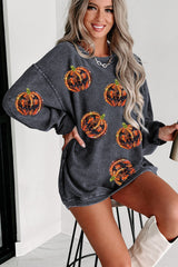 Gray Sequined Jack O Lantern Graphic Corded Baggy Sweatshirt