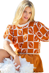 Orange Rugby Checkered Color Block Puff Sleeve Knit Top