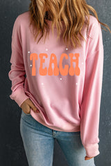 Pink TEACH Graphic Crewneck Drop Shoulder Sweatshirt