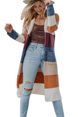 Multicolor Knitted Color Block Open Front Long Cardigan