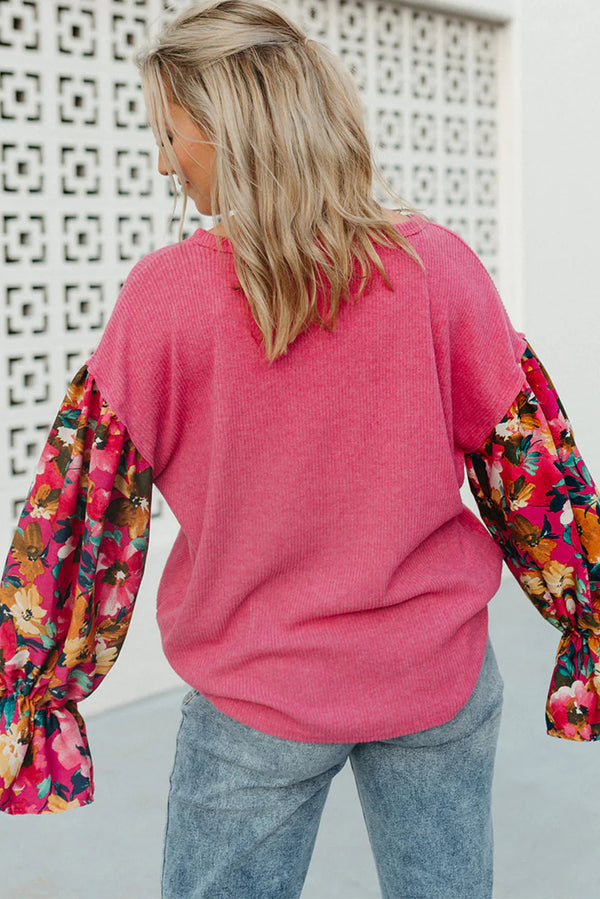 Bright Pink Floral Patchwork Flounce Sleeve Plus Knit Top