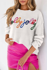 White Glitter Merry & Bright Round Neck Knit Sweater