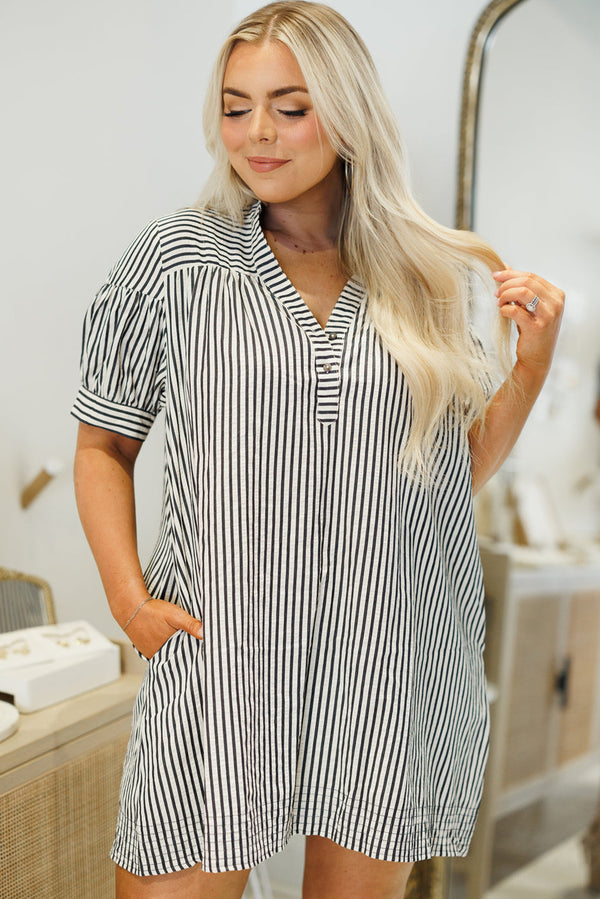 Black Stripe Buttoned V Neck Pocketed Plus Size Mini Dress