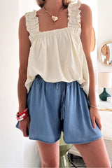 Dusk Blue Drawstring Elastic Waist Wide Leg Denim Shorts