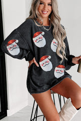 Black Sequined Santa Claus Corded Christmas Graphic Sweatshirt