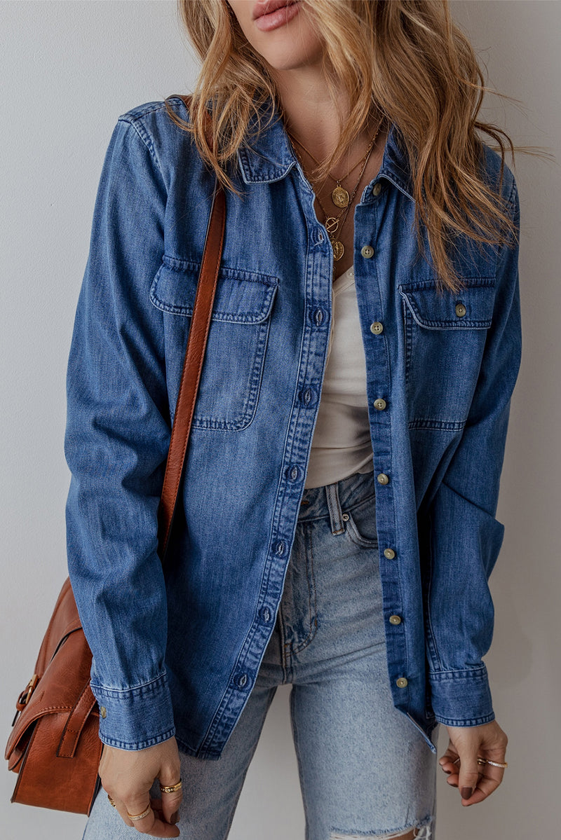 Sky Blue Flap Pocket Button Up Shirt Collar Denim Jacket