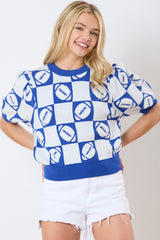 Dark Blue Rugby Plaid Color Block Puff Sleeve Knit Top