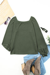 Brown Waffle Texture Casual Square Neck Pullover Top