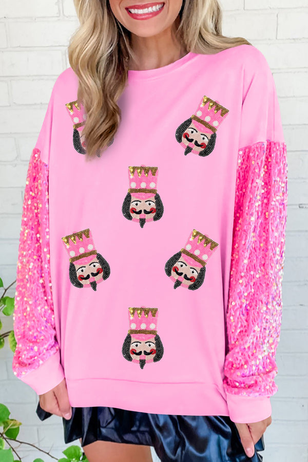 Pink Sequin Nutcracker Graphic Patchwork Sweatshirt