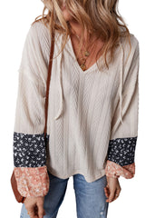 Beige Floral Patchwork Textured Drawstring V Neck Top