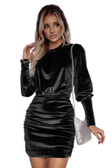 Black Velvet Puff Sleeve Ruched Bodycon Dress