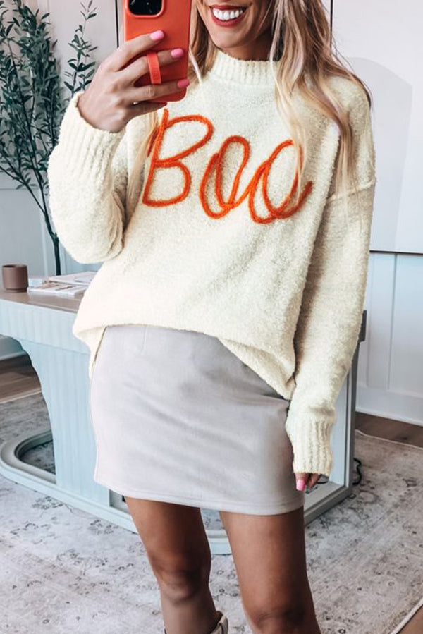 Apricot Halloween Boo Drop Shoulder Knit Sweater