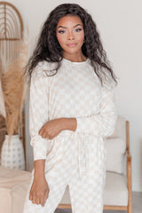 Beige Checkered Print Long Sleeve Loose Fit Pajama Set