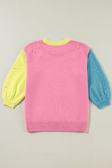 Rose Red Color Block Pearl Detail Half Sleeve Knit Top