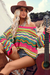 Rose Red Colorblock Striped Hollowed Knit Loose Sweater