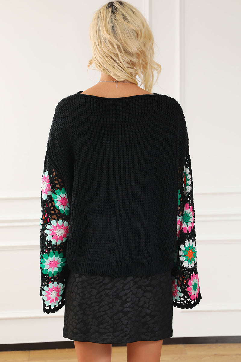 Black Floral Crochet Bell Sleeve Loose Knit Sweater