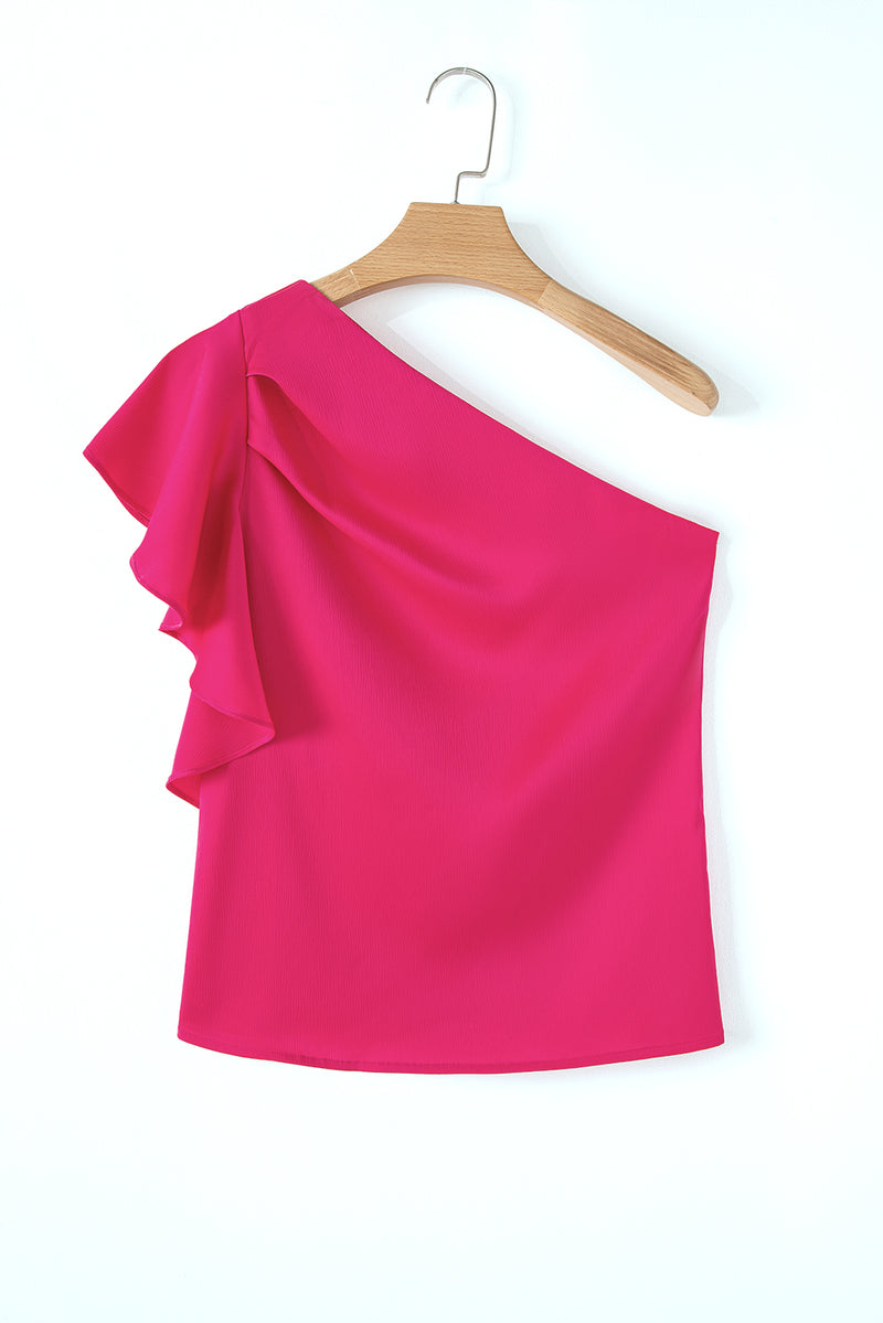 Strawberry Pink Asymmetric Shoulder Ruffle Sleeveless Blouse