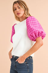 White Tweed Lantern Sleeve Patchwork Blouse