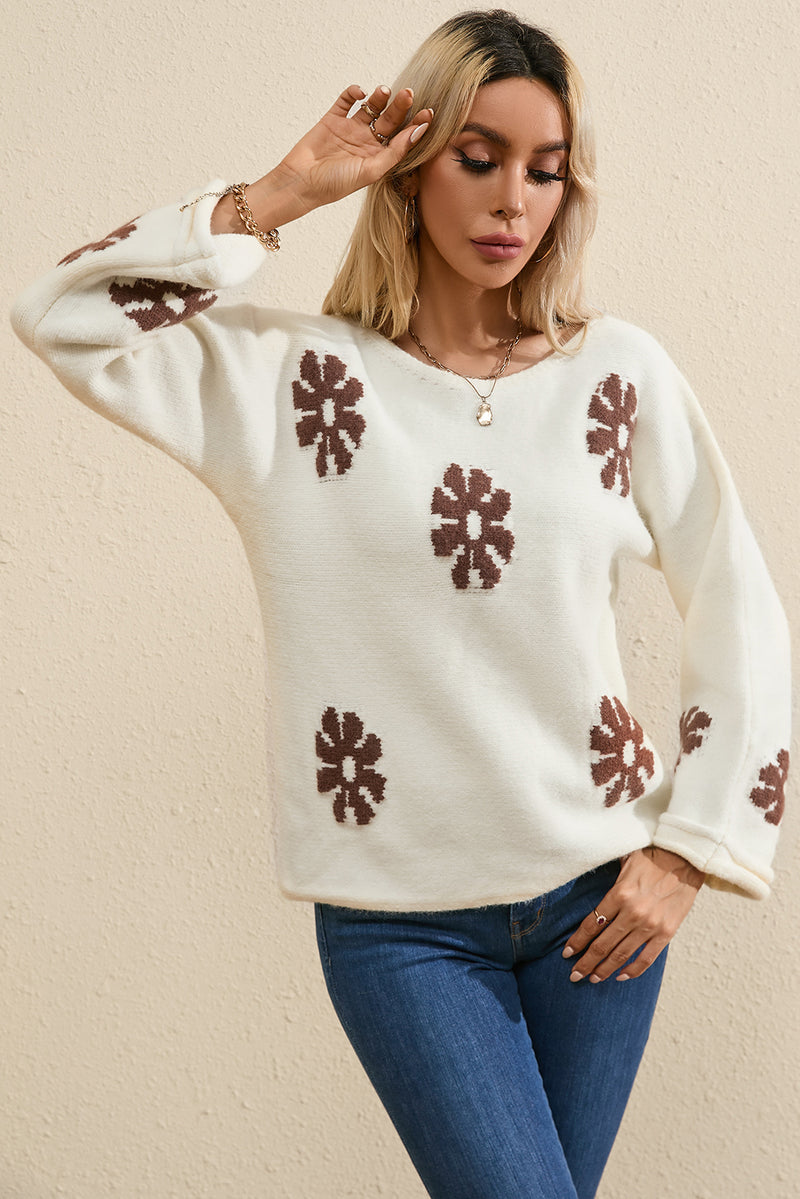 White Colorblock Floral Pattern Crewneck Sweater