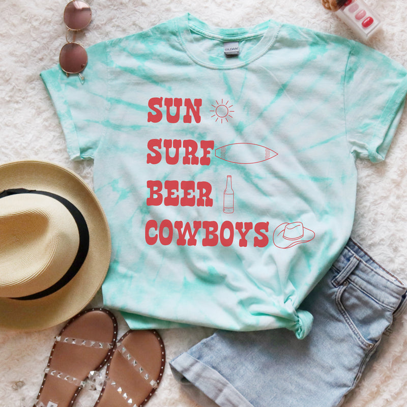 Sun surf beer cowboys tie dye tee