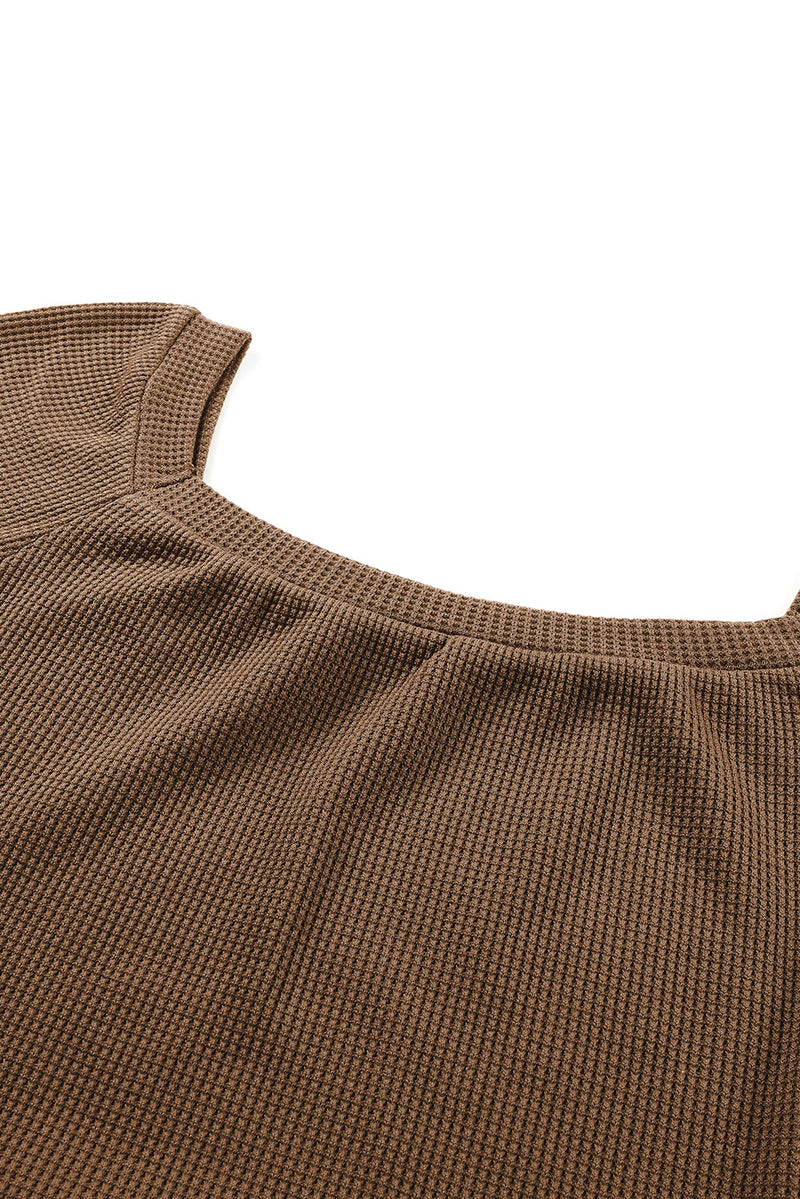 Brown Waffle Texture Casual Square Neck Pullover Top